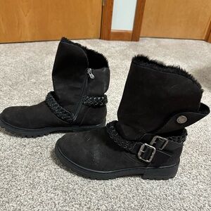 Blowfish Black Faux Fur-Lined Ankle Boots with Braided Strap